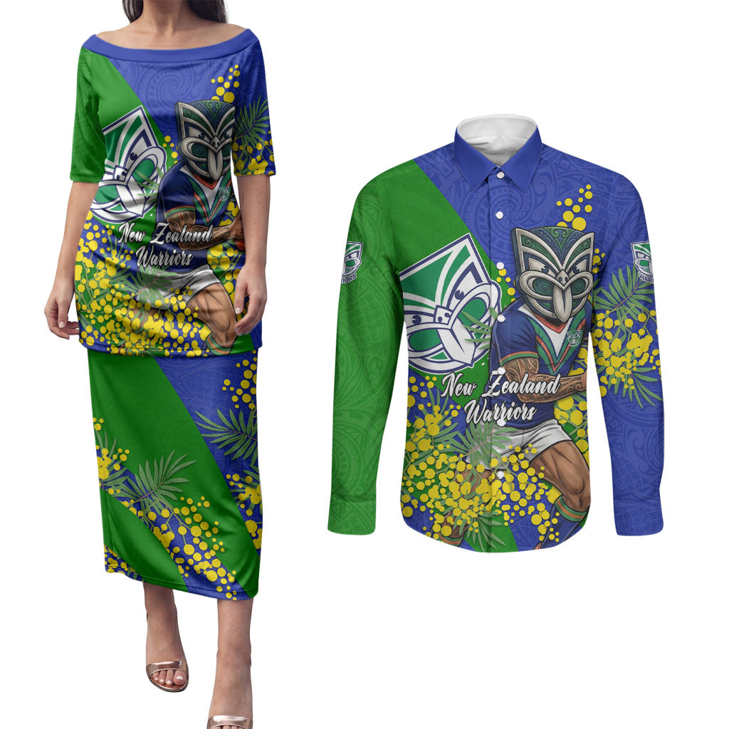New Zealand Warriors Couples Matching Puletasi and Long Sleeve Button Shirt Golden Wattle Floral Polynesian - Australian Flower - Rugby Mascot