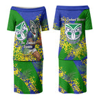 New Zealand Warriors Couples Matching Puletasi and Long Sleeve Button Shirt Golden Wattle Floral Polynesian - Australian Flower - Rugby Mascot
