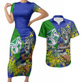 New Zealand Warriors Couples Matching Short Sleeve Bodycon Dress and Hawaiian Shirt Golden Wattle Floral Polynesian - Australian Flower - Rugby Mascot