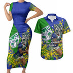 New Zealand Warriors Couples Matching Short Sleeve Bodycon Dress and Hawaiian Shirt Golden Wattle Floral Polynesian - Australian Flower - Rugby Mascot