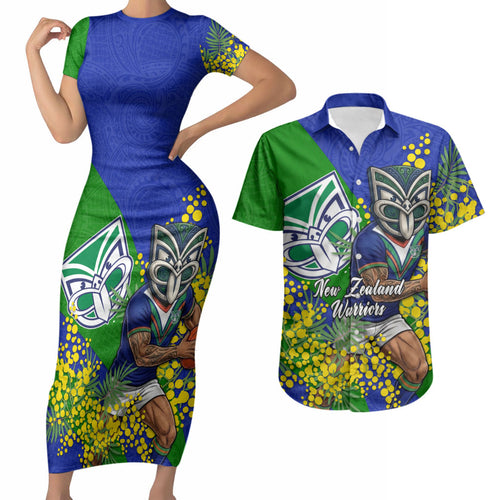 New Zealand Warriors Couples Matching Short Sleeve Bodycon Dress and Hawaiian Shirt Golden Wattle Floral Polynesian - Australian Flower - Rugby Mascot