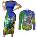 New Zealand Warriors Couples Matching Short Sleeve Bodycon Dress and Long Sleeve Button Shirt Golden Wattle Floral Polynesian - Australian Flower - Rugby Mascot