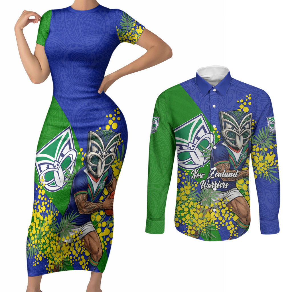 New Zealand Warriors Couples Matching Short Sleeve Bodycon Dress and Long Sleeve Button Shirt Golden Wattle Floral Polynesian - Australian Flower - Rugby Mascot