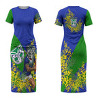 New Zealand Warriors Couples Matching Short Sleeve Bodycon Dress and Long Sleeve Button Shirt Golden Wattle Floral Polynesian - Australian Flower - Rugby Mascot