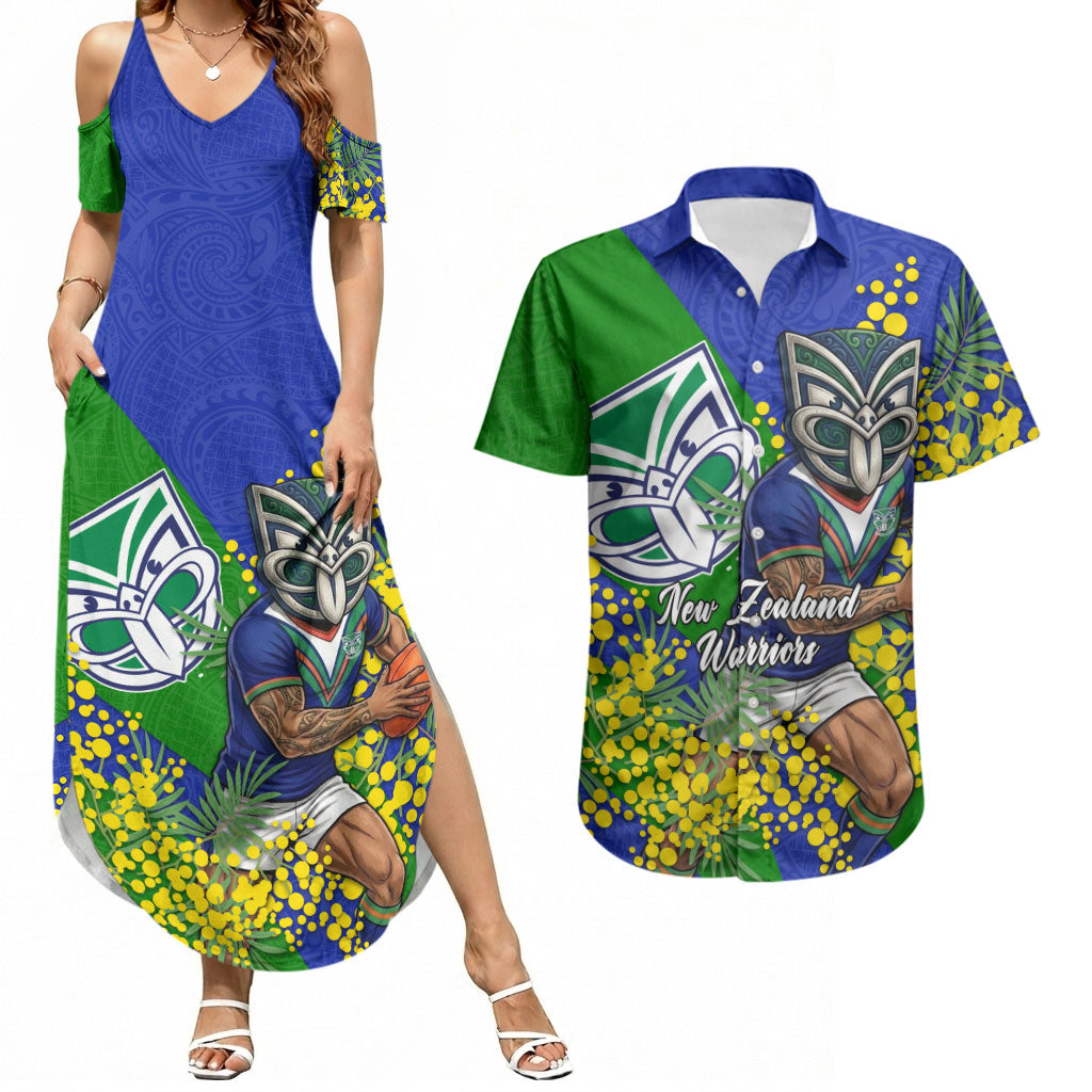 New Zealand Warriors Couples Matching Summer Maxi Dress and Hawaiian Shirt Golden Wattle Floral Polynesian - Australian Flower - Rugby Mascot