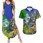 New Zealand Warriors Couples Matching Summer Maxi Dress and Hawaiian Shirt Golden Wattle Floral Polynesian - Australian Flower - Rugby Mascot