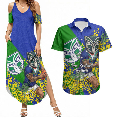 New Zealand Warriors Couples Matching Summer Maxi Dress and Hawaiian Shirt Golden Wattle Floral Polynesian - Australian Flower - Rugby Mascot