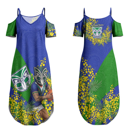 New Zealand Warriors Couples Matching Summer Maxi Dress and Hawaiian Shirt Golden Wattle Floral Polynesian - Australian Flower - Rugby Mascot