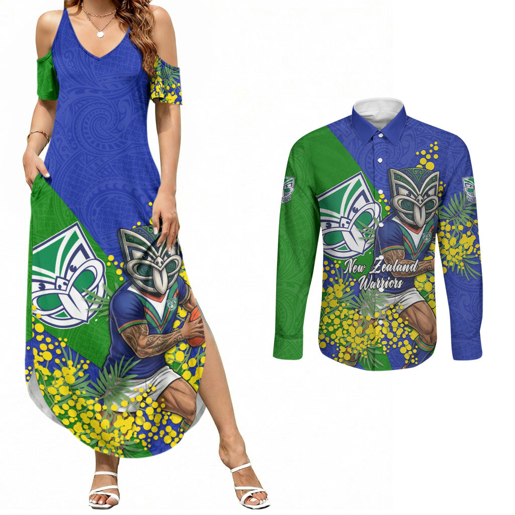 New Zealand Warriors Couples Matching Summer Maxi Dress and Long Sleeve Button Shirt Golden Wattle Floral Polynesian - Australian Flower - Rugby Mascot