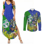 New Zealand Warriors Couples Matching Summer Maxi Dress and Long Sleeve Button Shirt Golden Wattle Floral Polynesian - Australian Flower - Rugby Mascot