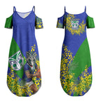 New Zealand Warriors Couples Matching Summer Maxi Dress and Long Sleeve Button Shirt Golden Wattle Floral Polynesian - Australian Flower - Rugby Mascot