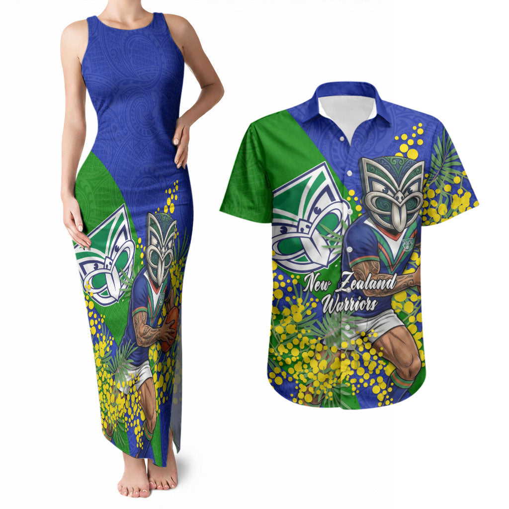 New Zealand Warriors Couples Matching Tank Maxi Dress and Hawaiian Shirt Golden Wattle Floral Polynesian - Australian Flower - Rugby Mascot