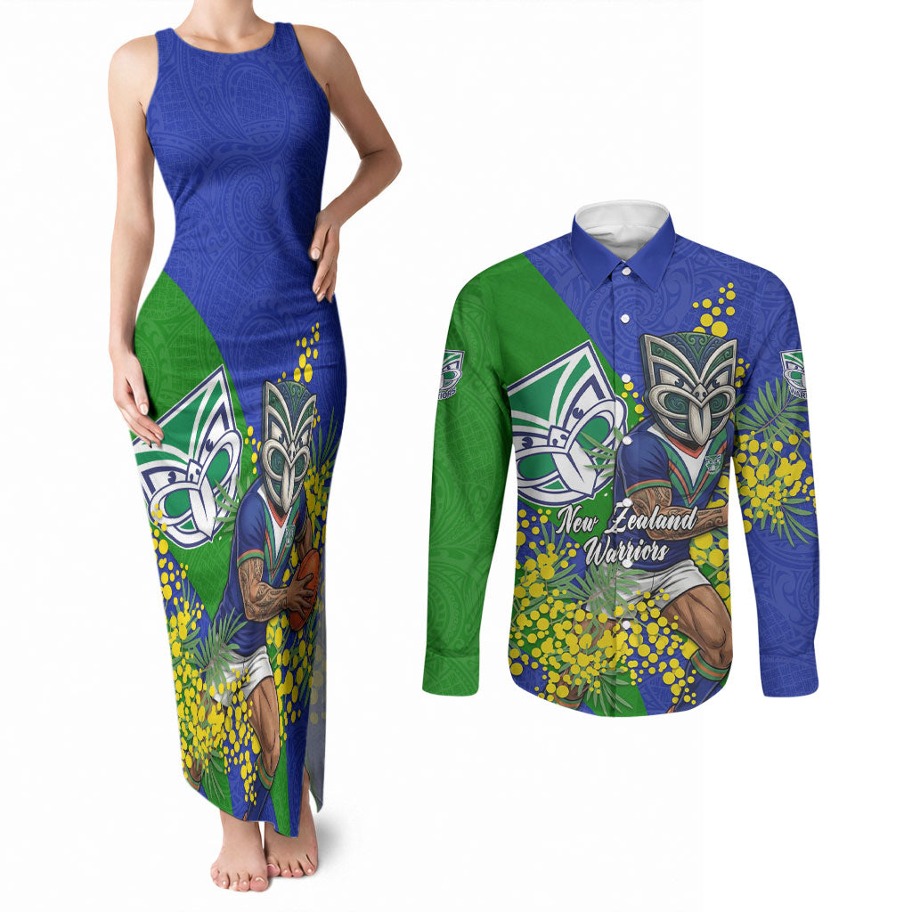 New Zealand Warriors Couples Matching Tank Maxi Dress and Long Sleeve Button Shirt Golden Wattle Floral Polynesian - Australian Flower - Rugby Mascot