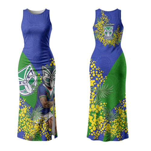 New Zealand Warriors Couples Matching Tank Maxi Dress and Long Sleeve Button Shirt Golden Wattle Floral Polynesian - Australian Flower - Rugby Mascot