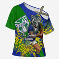 New Zealand Warriors Cross Shoulder Shirt Golden Wattle Floral Polynesian - Australian Flower - Rugby Mascot