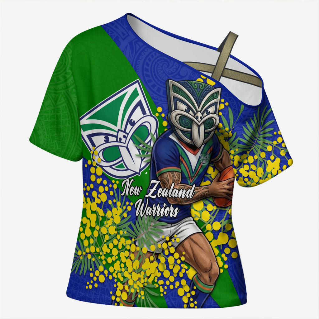 New Zealand Warriors Cross Shoulder Shirt Golden Wattle Floral Polynesian - Australian Flower - Rugby Mascot