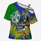 New Zealand Warriors Cross Shoulder Shirt Golden Wattle Floral Polynesian - Australian Flower - Rugby Mascot