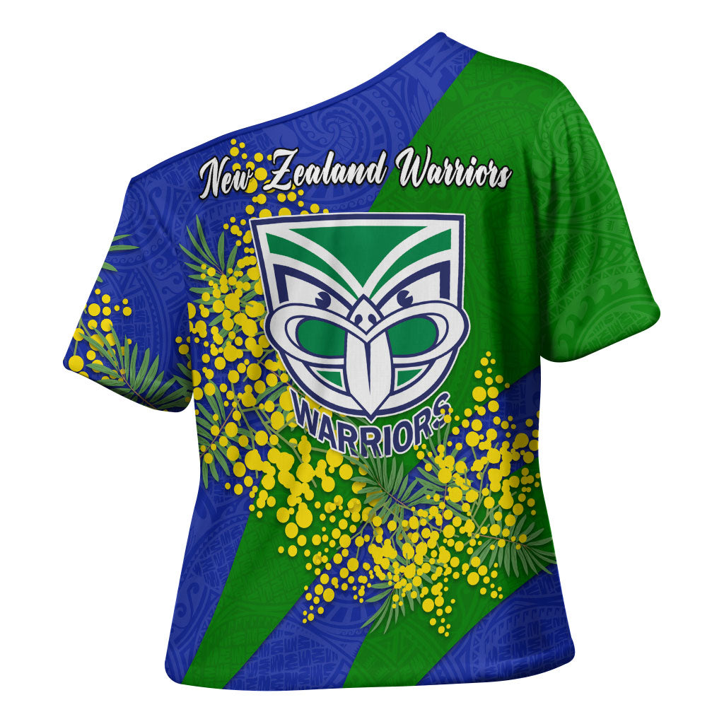 New Zealand Warriors Cross Shoulder Shirt Golden Wattle Floral Polynesian - Australian Flower - Rugby Mascot