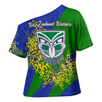 New Zealand Warriors Cross Shoulder Shirt Golden Wattle Floral Polynesian - Australian Flower - Rugby Mascot