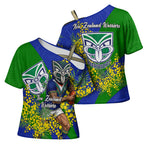 New Zealand Warriors Cross Shoulder Shirt Golden Wattle Floral Polynesian - Australian Flower - Rugby Mascot