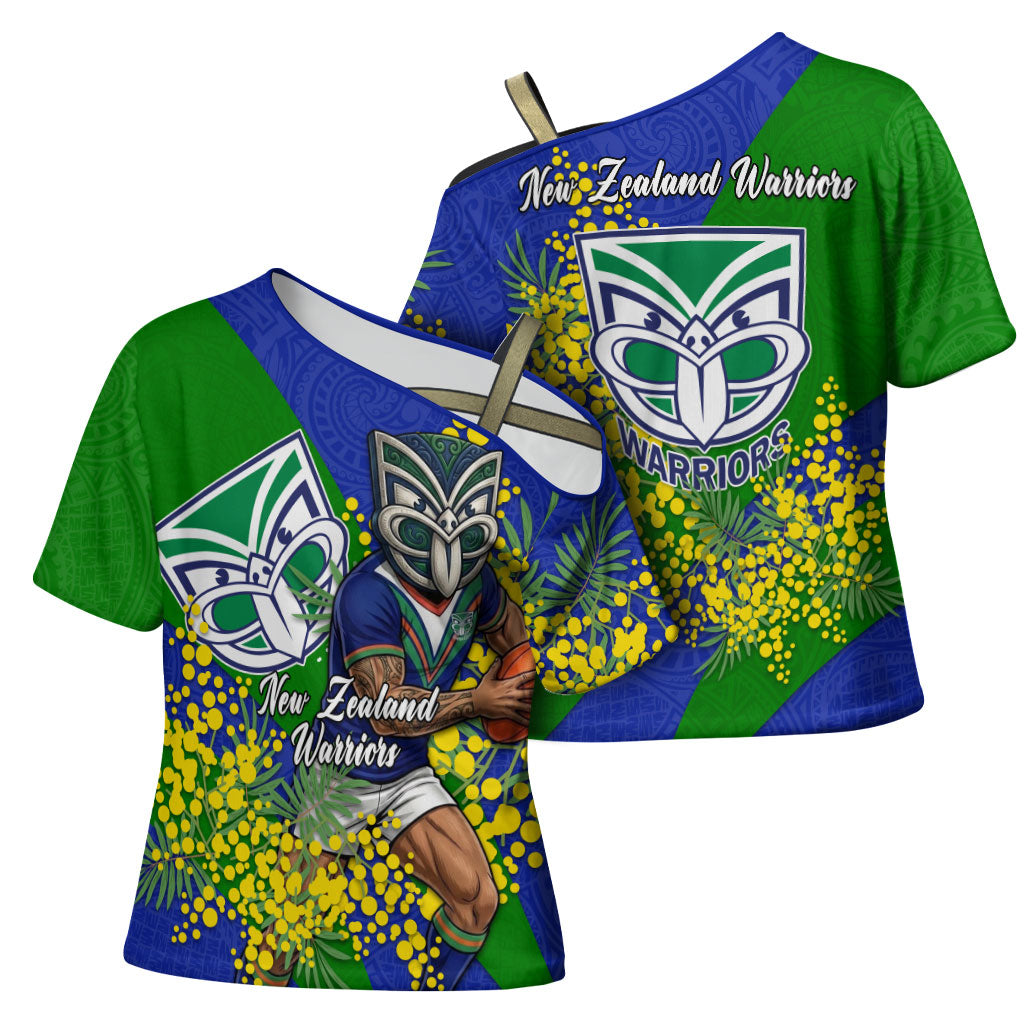 New Zealand Warriors Cross Shoulder Shirt Golden Wattle Floral Polynesian - Australian Flower - Rugby Mascot