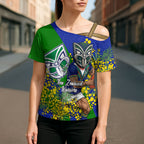 New Zealand Warriors Cross Shoulder Shirt Golden Wattle Floral Polynesian - Australian Flower - Rugby Mascot