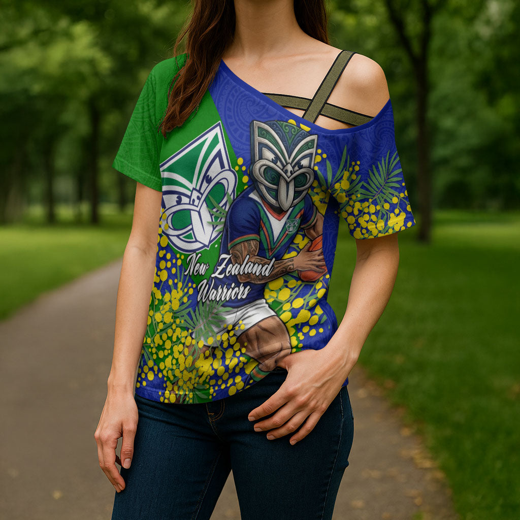 New Zealand Warriors Cross Shoulder Shirt Golden Wattle Floral Polynesian - Australian Flower - Rugby Mascot