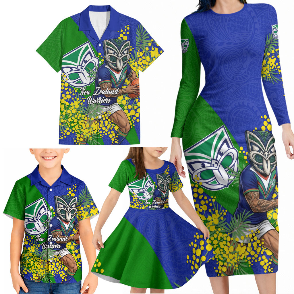 New Zealand Warriors Family Matching Long Sleeve Bodycon Dress and Hawaiian Shirt Golden Wattle Floral Polynesian - Australian Flower - Rugby Mascot