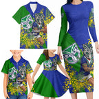 New Zealand Warriors Family Matching Long Sleeve Bodycon Dress and Hawaiian Shirt Golden Wattle Floral Polynesian - Australian Flower - Rugby Mascot
