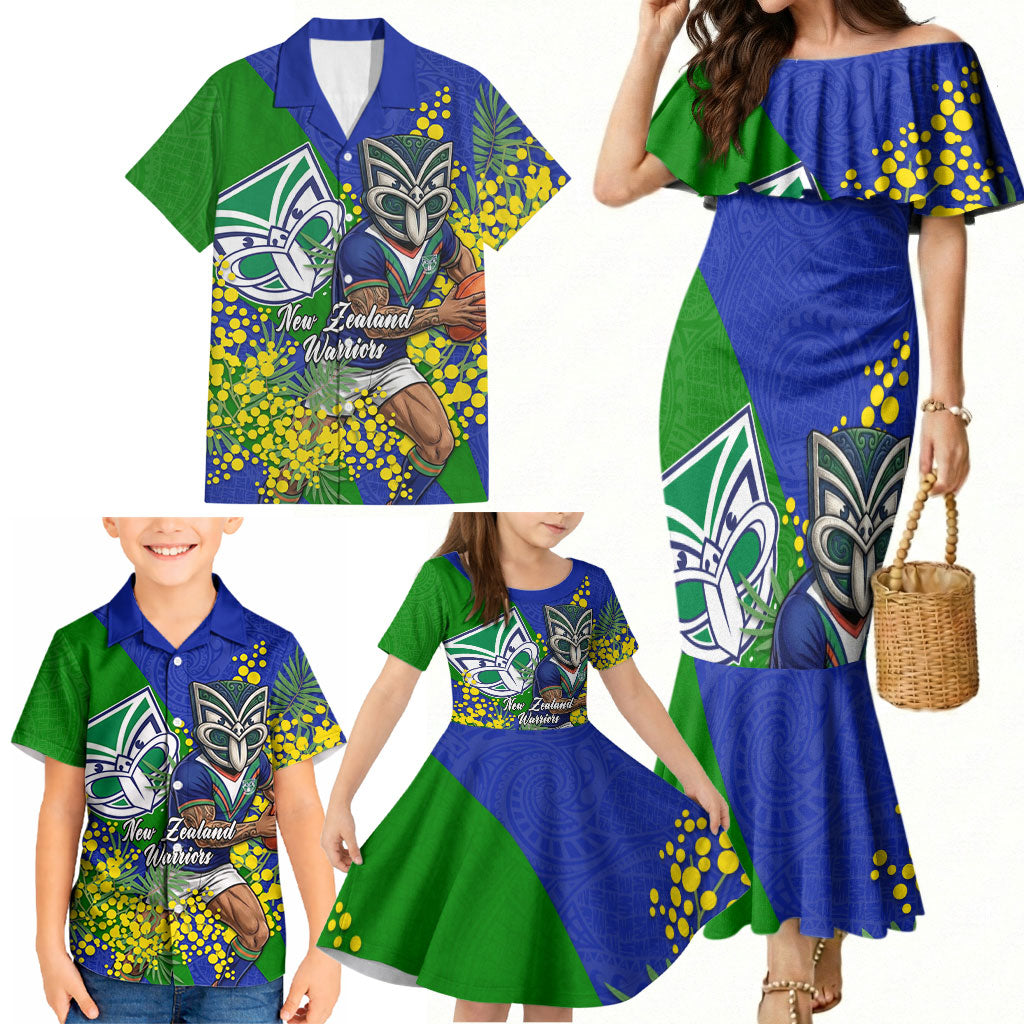 New Zealand Warriors Family Matching Mermaid Dress and Hawaiian Shirt Golden Wattle Floral Polynesian - Australian Flower - Rugby Mascot