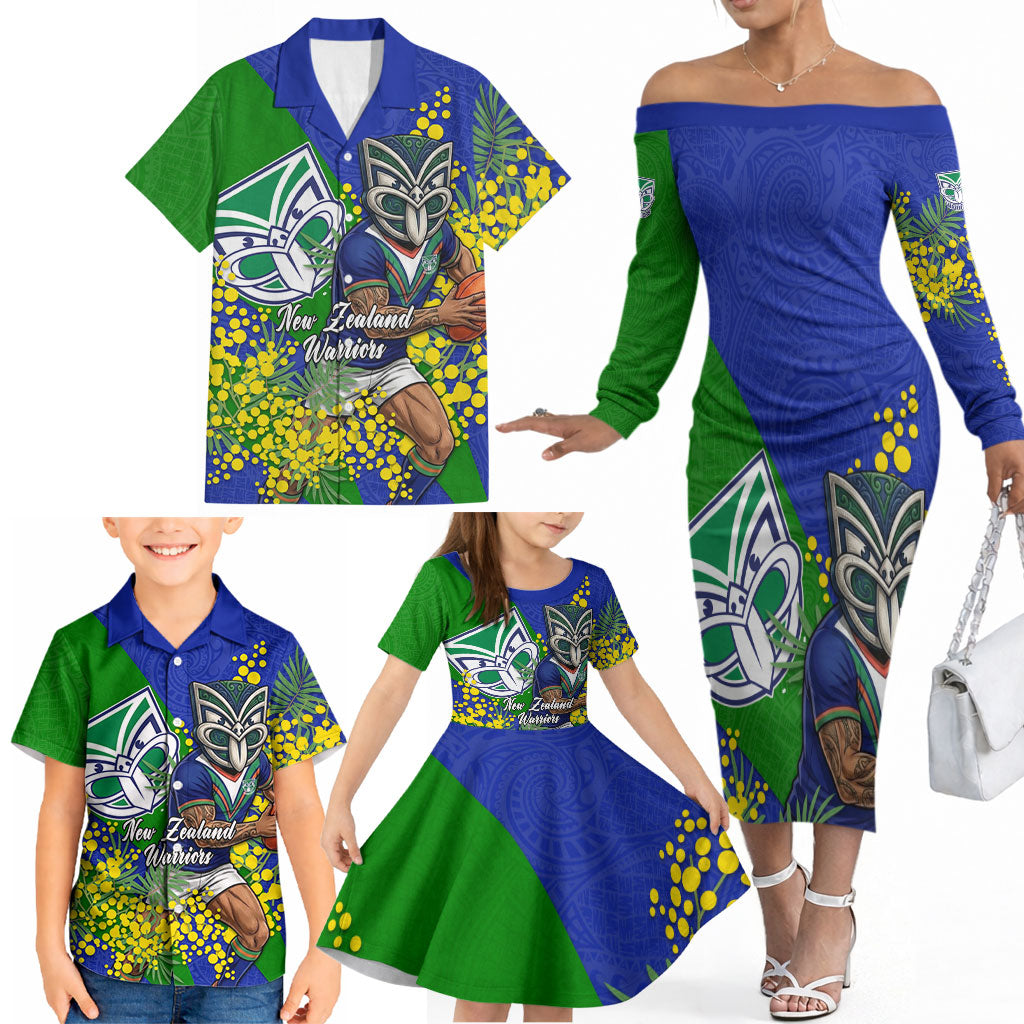 New Zealand Warriors Family Matching Off The Shoulder Long Sleeve Dress and Hawaiian Shirt Golden Wattle Floral Polynesian - Australian Flower - Rugby Mascot