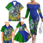 New Zealand Warriors Family Matching Off The Shoulder Long Sleeve Dress and Hawaiian Shirt Golden Wattle Floral Polynesian - Australian Flower - Rugby Mascot