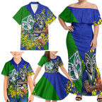 New Zealand Warriors Family Matching Off Shoulder Maxi Dress and Hawaiian Shirt Golden Wattle Floral Polynesian - Australian Flower - Rugby Mascot