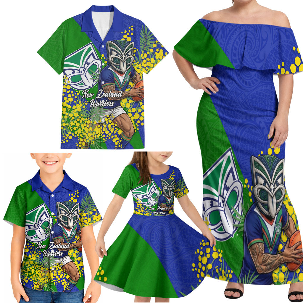 New Zealand Warriors Family Matching Off Shoulder Maxi Dress and Hawaiian Shirt Golden Wattle Floral Polynesian - Australian Flower - Rugby Mascot