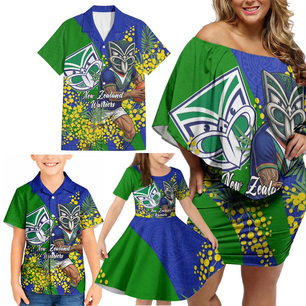 New Zealand Warriors Family Matching Off Shoulder Short Dress and Hawaiian Shirt Golden Wattle Floral Polynesian - Australian Flower - Rugby Mascot