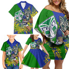 New Zealand Warriors Family Matching Off Shoulder Short Dress and Hawaiian Shirt Golden Wattle Floral Polynesian - Australian Flower - Rugby Mascot