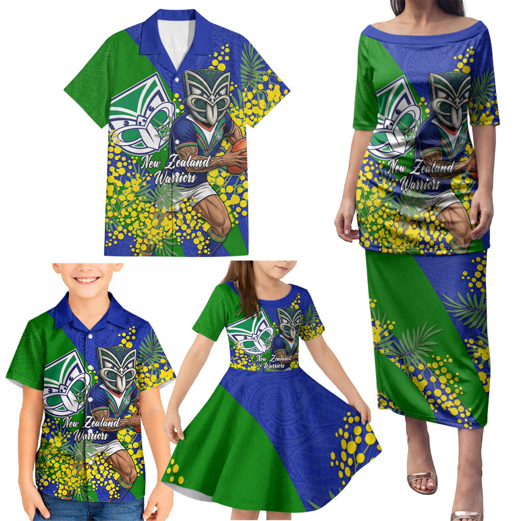 New Zealand Warriors Family Matching Puletasi and Hawaiian Shirt Golden Wattle Floral Polynesian - Australian Flower - Rugby Mascot