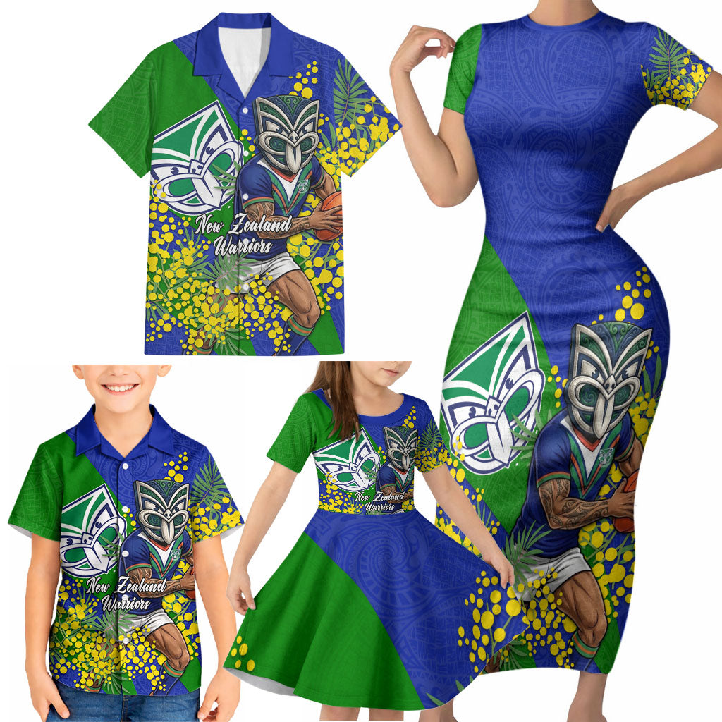 New Zealand Warriors Family Matching Short Sleeve Bodycon Dress and Hawaiian Shirt Golden Wattle Floral Polynesian - Australian Flower - Rugby Mascot