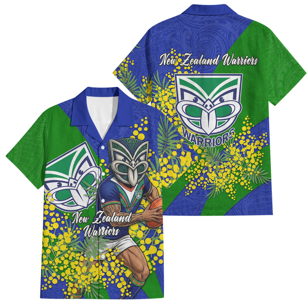 New Zealand Warriors Family Matching Short Sleeve Bodycon Dress and Hawaiian Shirt Golden Wattle Floral Polynesian - Australian Flower - Rugby Mascot