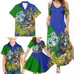 New Zealand Warriors Family Matching Summer Maxi Dress and Hawaiian Shirt Golden Wattle Floral Polynesian - Australian Flower - Rugby Mascot