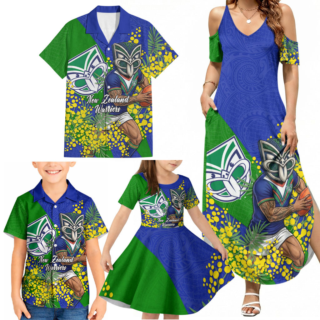 New Zealand Warriors Family Matching Summer Maxi Dress and Hawaiian Shirt Golden Wattle Floral Polynesian - Australian Flower - Rugby Mascot
