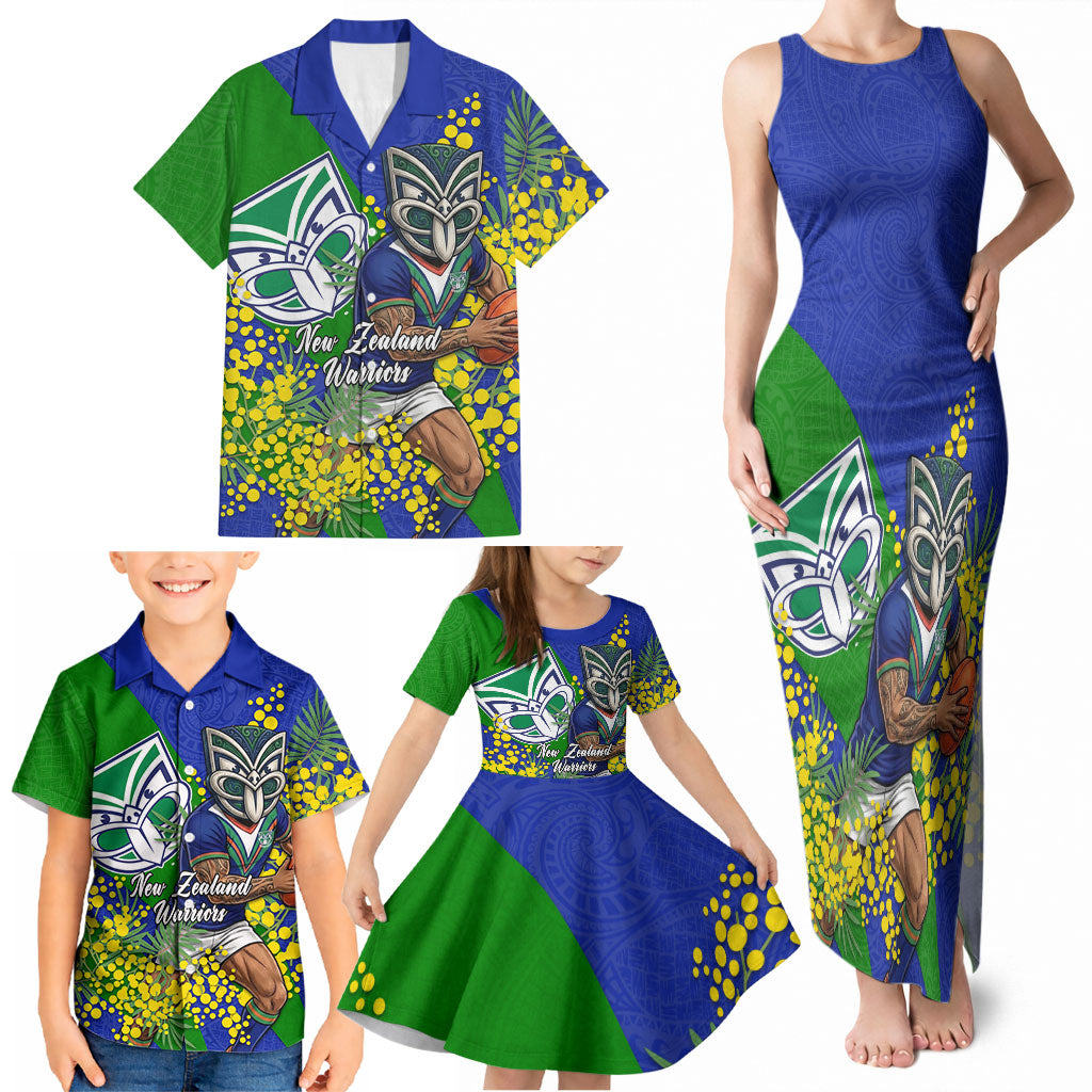 New Zealand Warriors Family Matching Tank Maxi Dress and Hawaiian Shirt Golden Wattle Floral Polynesian - Australian Flower - Rugby Mascot