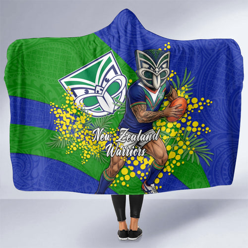 New Zealand Warriors Hooded Blanket Golden Wattle Floral Polynesian - Australian Flower - Rugby Mascot