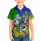 New Zealand Warriors Kid Hawaiian Shirt Golden Wattle Floral Polynesian - Australian Flower - Rugby Mascot
