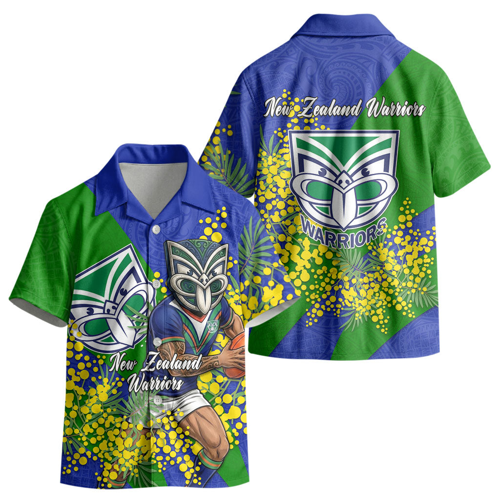 New Zealand Warriors Kid Hawaiian Shirt Golden Wattle Floral Polynesian - Australian Flower - Rugby Mascot