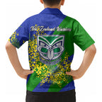 New Zealand Warriors Kid Hawaiian Shirt Golden Wattle Floral Polynesian - Australian Flower - Rugby Mascot
