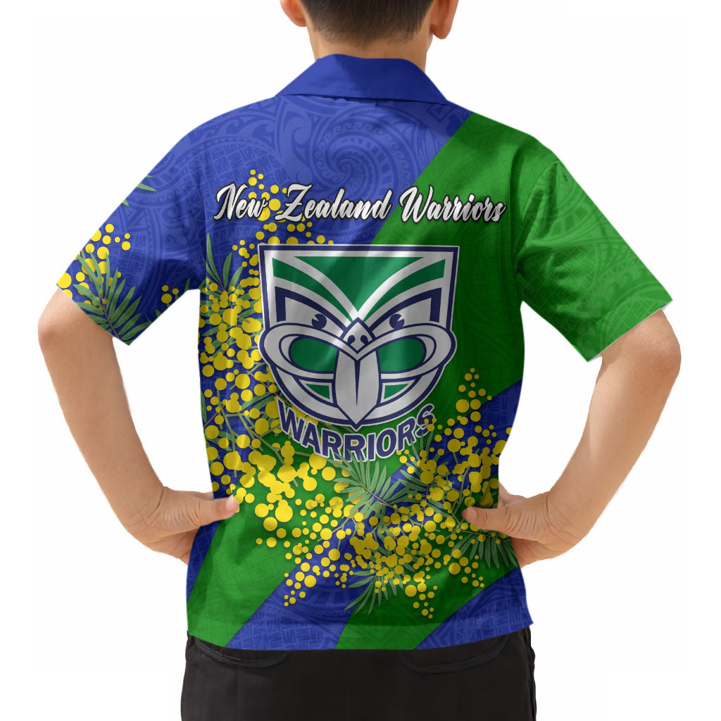 New Zealand Warriors Kid Hawaiian Shirt Golden Wattle Floral Polynesian - Australian Flower - Rugby Mascot