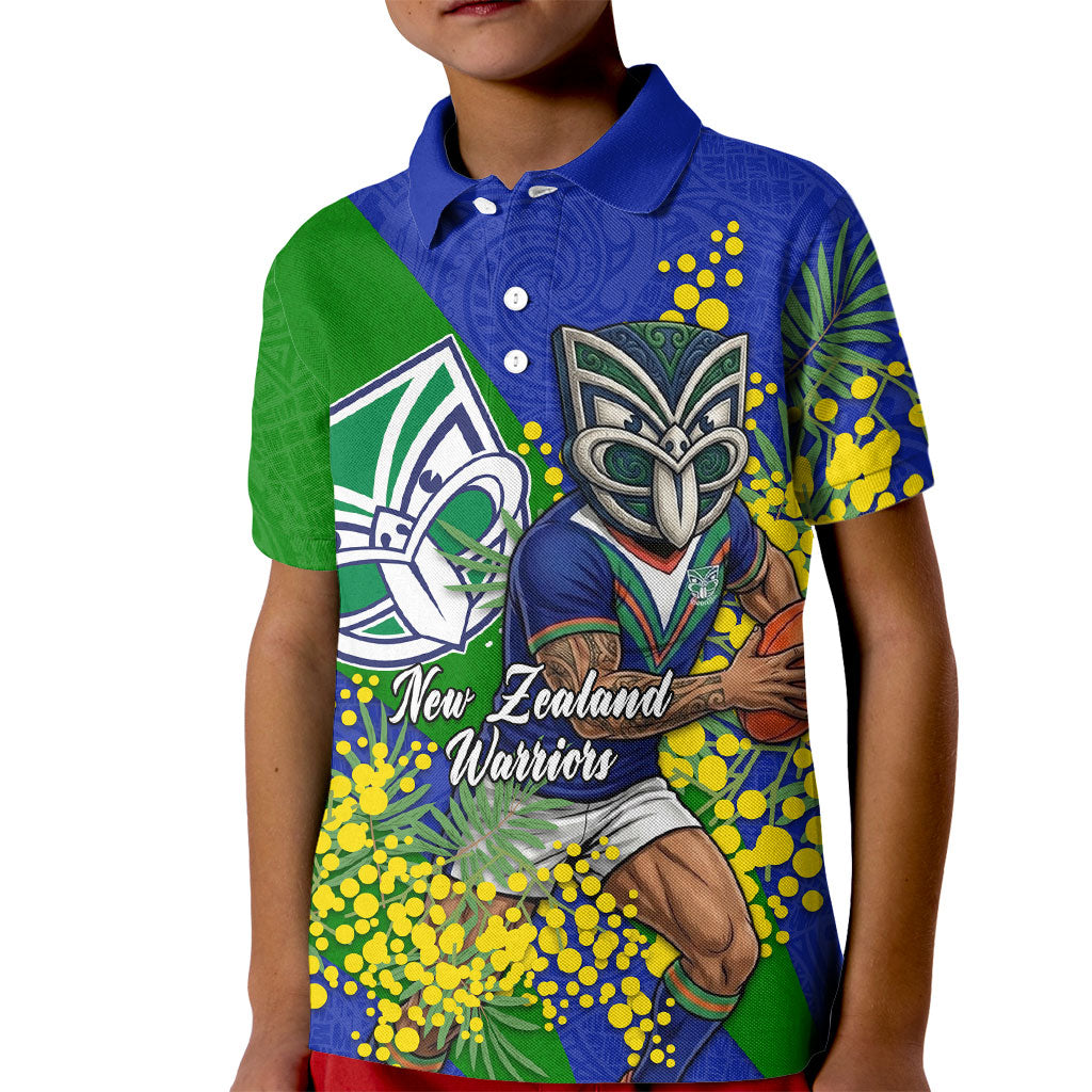 New Zealand Warriors Kid Polo Shirt Golden Wattle Floral Polynesian - Australian Flower - Rugby Mascot