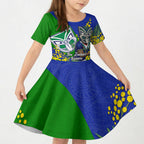 New Zealand Warriors Kid Short Sleeve Dress Golden Wattle Floral Polynesian - Australian Flower - Rugby Mascot