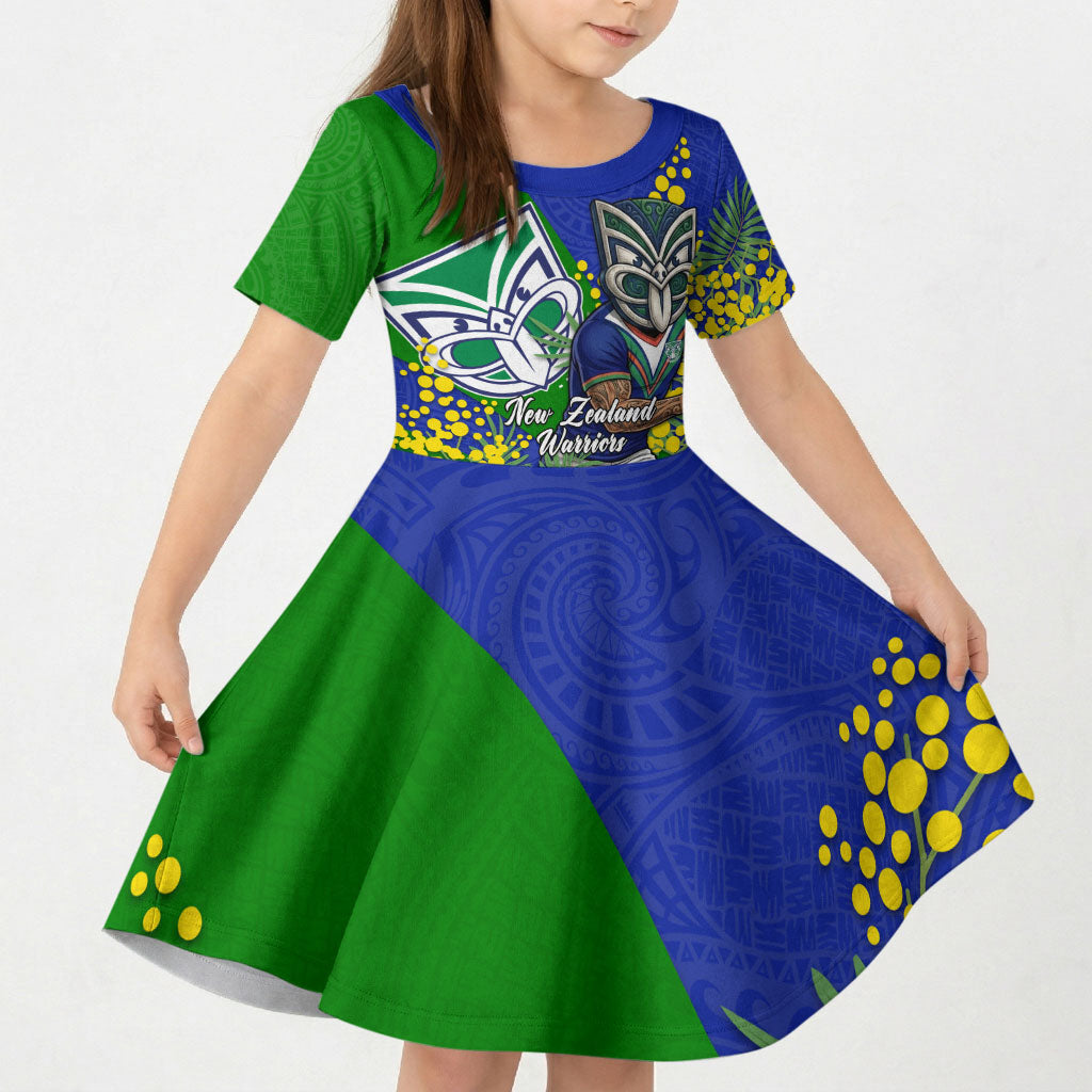 New Zealand Warriors Kid Short Sleeve Dress Golden Wattle Floral Polynesian - Australian Flower - Rugby Mascot